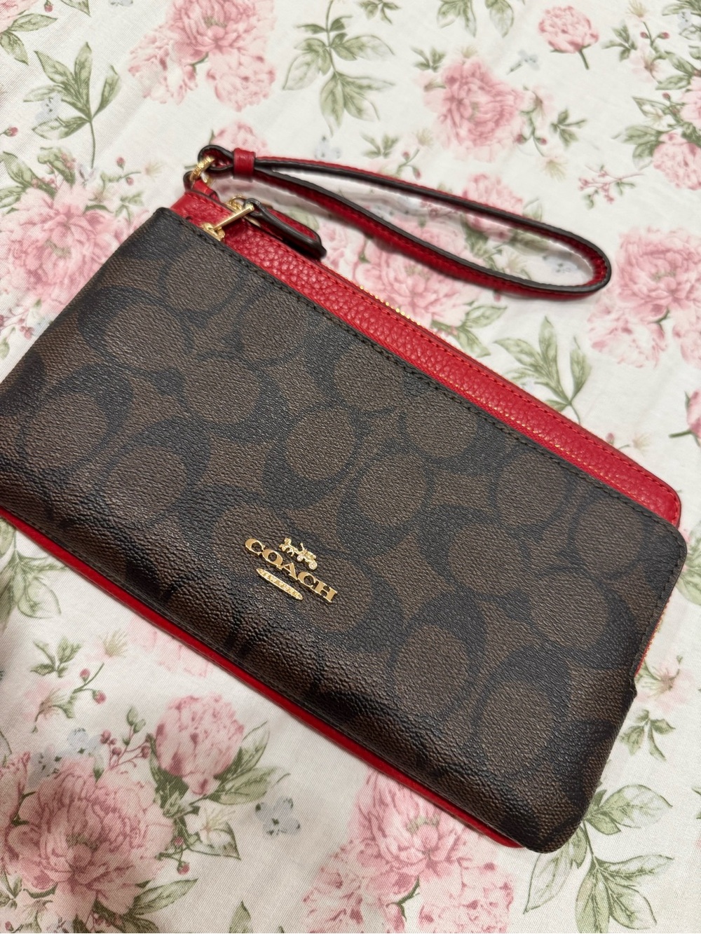 COACH Brown Signature Canvas Wristlet with Red Trim and Gold Logo